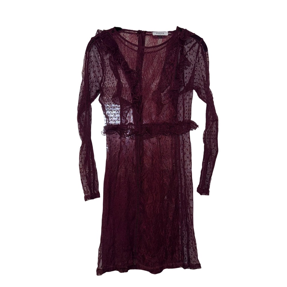 Pieces Burgundy Lace Sheer Mini Dress‎ Womens M